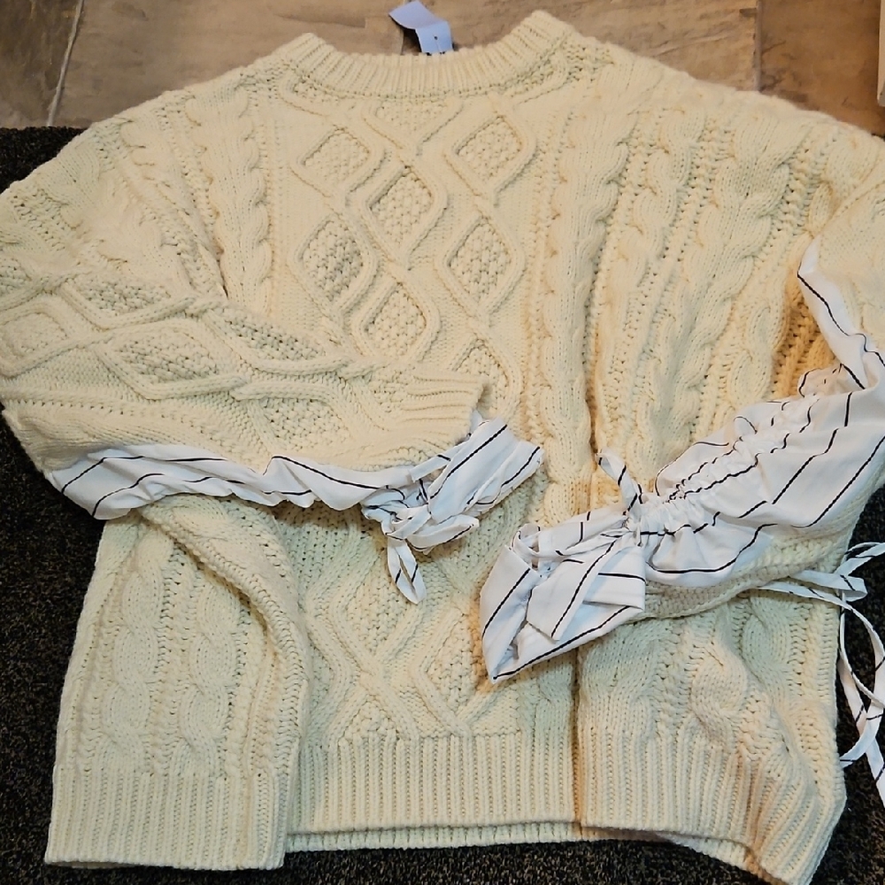 storets Cream Cable-Knit Crewneck Sweater with Striped Tie Sleeves